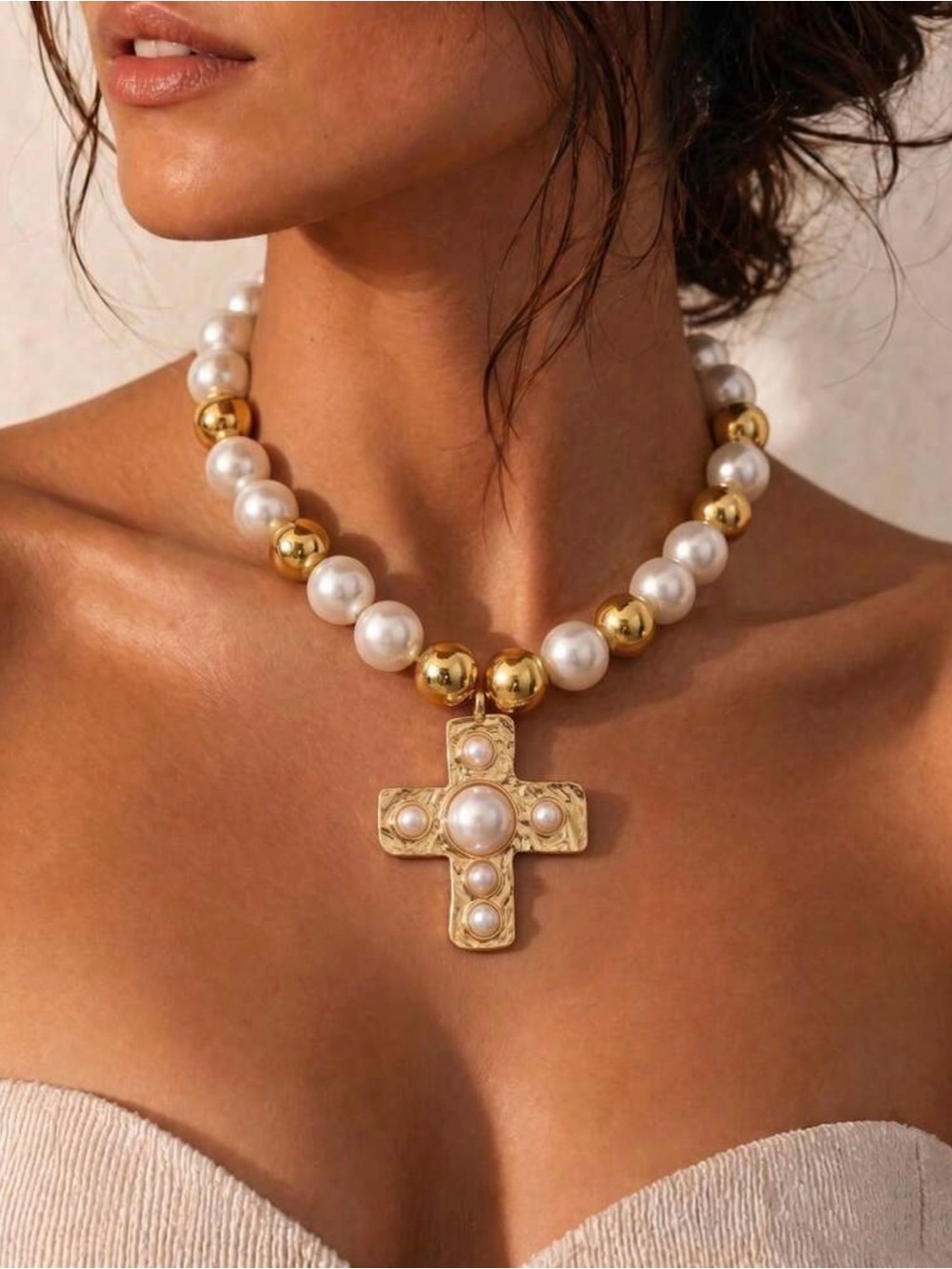 NWT Gold & Faux Pearl CCB handmade Beaded Collarbone Statement Cross Necklace